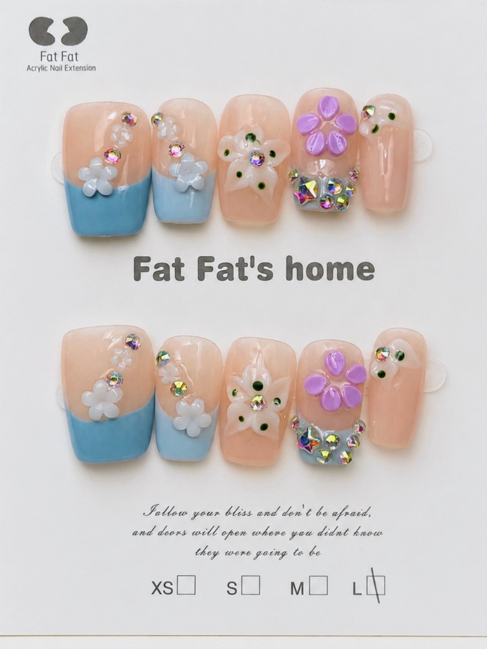 NEW Y2K Blue Flower Press On Nails | 3D Floral Rhinestone Square Nails | Size LG